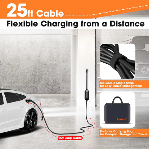 Portable Level 1 And 2 EV Charger With 16A 3.8 KW J1772 Plug 25ft cord connected to white car in garage with cable strap and bag.