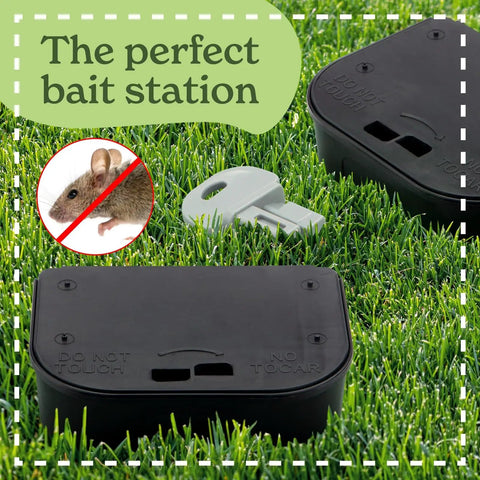 Heavy Duty Small Mouse Bait Stations With Secure Locks For Indoor Or Outdoor Pest Control And Discreet Rat And Mouse Bait Block Holders In A Practical 12 Pack Bundle To Kick Those Nasty Critters Out on grass with a key.