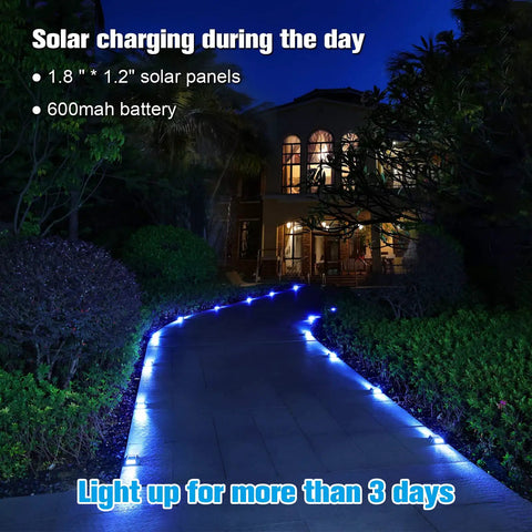 Night pathway with Blue LED Solar Deck Lights 12 Pack Waterproof Outdoor Lights for Driveway Dock Pathway highlighting safe walkways.