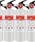 Four Pack Of 2.5 Lb Abc Dry Chemical Fire Extinguishers Rated 1A 10B C with red wall mounts and usage instructions.