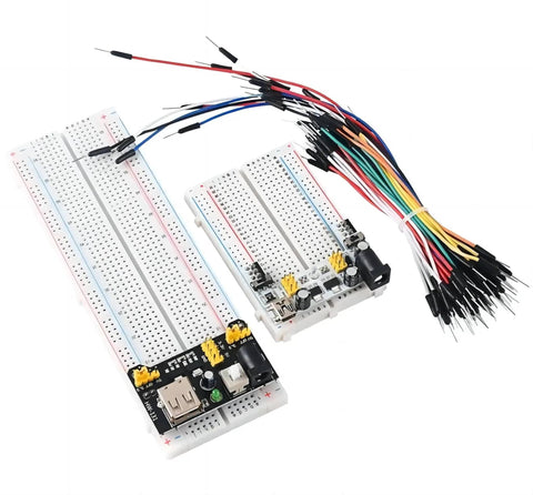 Solderless Breadboard Kit 2.54mm Compatible With Arduino Raspberry Pi ESP32 showing two breadboards with jumpers and color rails.