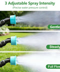Electric Telescopic Sprayer Wand with 3 Adjustable Nozzles demonstrating gentle, steady, and full flow spray modes outdoors.
