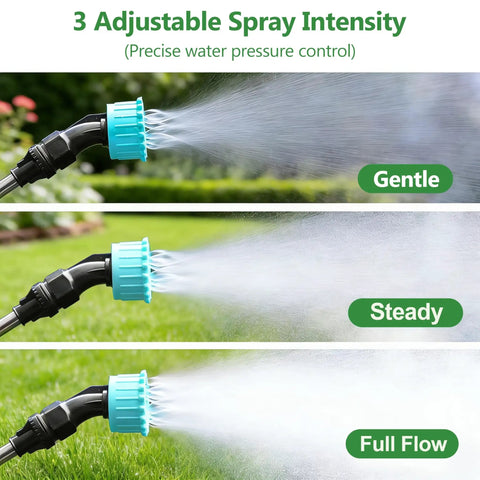 Electric Telescopic Sprayer Wand with 3 Adjustable Nozzles demonstrating gentle, steady, and full flow spray modes outdoors.