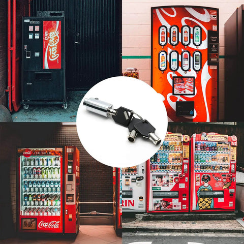 High Security Vending Machine Lock and Key Kit for Soda Snack and Candy Machines With Tubular Keyway Tamper Proof Cylinder and Keyed Different Replacement for Coke Gumball Machines by Qjaiune, shown with vending machines