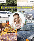 Person frustrated with effects on cars from sun, snow, fallen leaves, bird droppings; All Weather Windshield Cover Sun Shade For Cars And SUVs.