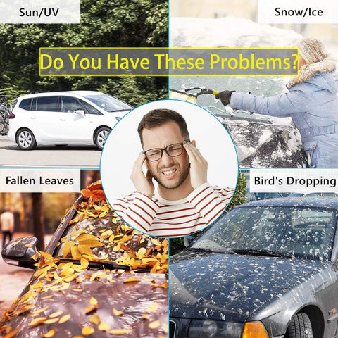 Person frustrated with effects on cars from sun, snow, fallen leaves, bird droppings; All Weather Windshield Cover Sun Shade For Cars And SUVs.