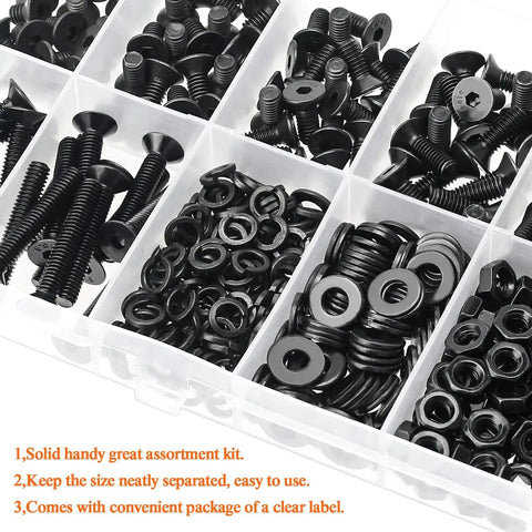 380 Piece M4 Socket Cap Screws Set With Countersunk Heads, Full Thread, Includes Hex Nuts, Lock Washers And Flat Washers in case