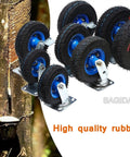 Built Tough High Elastic Rubber Caster Wheels That Roll Slick With Swivel Brake Lock And Reinforced Steel Base For Tool Carts Toolboxes Garage Gear 2 Pack 10 Inch displayed on a tree background.