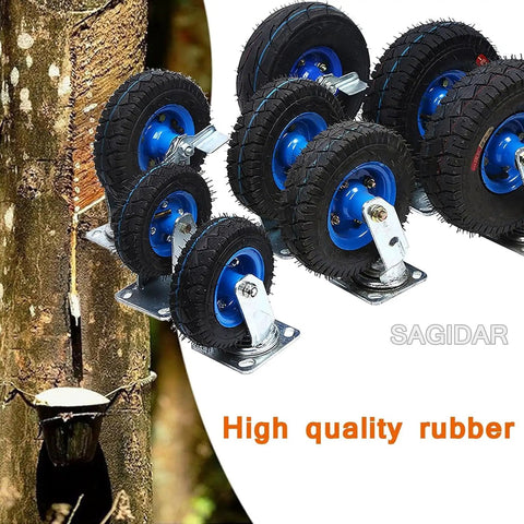 Built Tough High Elastic Rubber Caster Wheels That Roll Slick With Swivel Brake Lock And Reinforced Steel Base For Tool Carts Toolboxes Garage Gear 2 Pack 10 Inch displayed on a tree background.