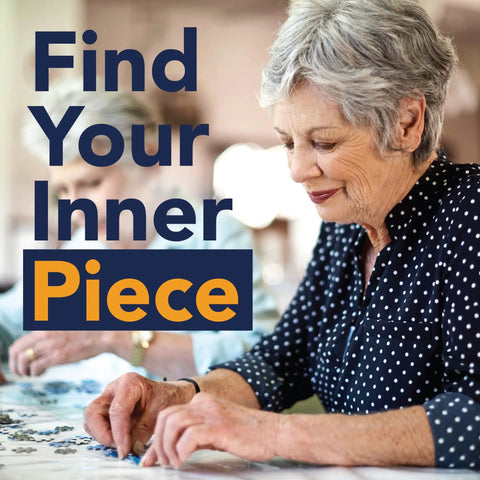 Woman assembling puzzle at table with 'Find Your Inner Piece' text, promoting 300 Piece Hot Air Balloon Festival Puzzle For Adults.