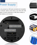 Power supply options for 360 Rotating Display Stand Turntable USB Powered Black Mirror Finish, showing battery compartments.