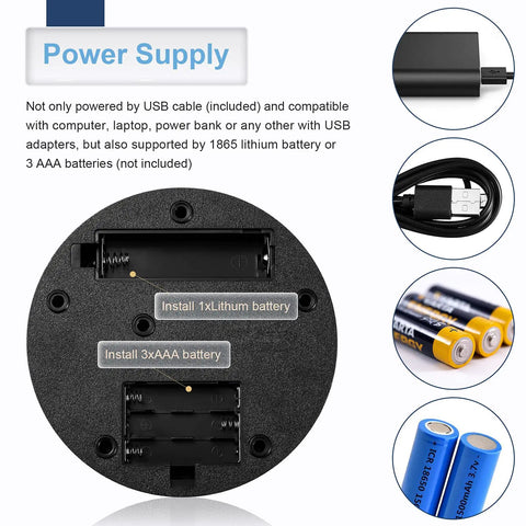 Power supply options for 360 Rotating Display Stand Turntable USB Powered Black Mirror Finish, showing battery compartments.