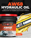 AW68 Hydraulic Oil 5 Gallon Pail For Heavy Duty Industrial And Mobile Equipment Workhorse With Premium Anti Wear Formula Anti Foam Rust And Oxidation Protection ISO 68 Hydraulic Fluid For High Pressure Systems, container with industrial background and oil graphic
