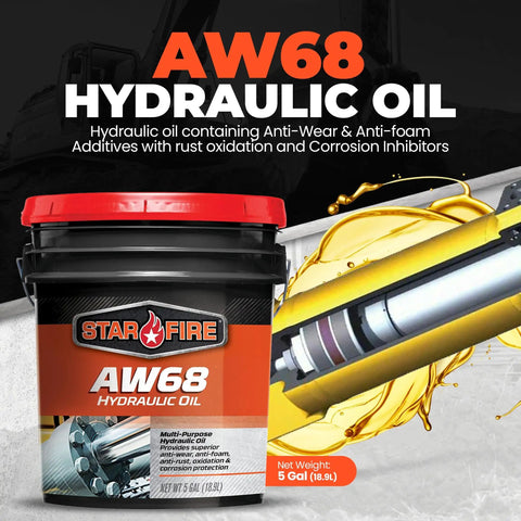 AW68 Hydraulic Oil 5 Gallon Pail For Heavy Duty Industrial And Mobile Equipment Workhorse With Premium Anti Wear Formula Anti Foam Rust And Oxidation Protection ISO 68 Hydraulic Fluid For High Pressure Systems, container with industrial background and oil graphic