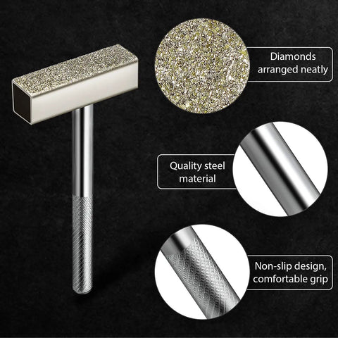 Close-up of Three Piece Diamond Grindin Wheel Dresser Set with 120 grit surfaces, steel material, and non-slip handle design.