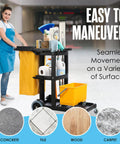 Cleaning Cart On Wheels For Janitorial And Custodial Use Heavy Duty Rolling Supply Organizer For Housekeeping Maintenance And Maid Services 440 LB Capacity with a woman standing beside it.