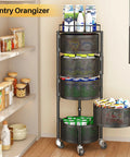 Large Black 5 Tier Rotating Fruit And Vegetable Storage Cart With Metal Top Lid On Wheels, Wire Organizer in pantry