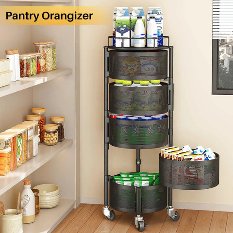 Large Black 5 Tier Rotating Fruit And Vegetable Storage Cart With Metal Top Lid On Wheels, Wire Organizer in pantry