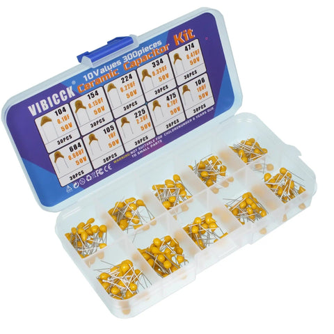 Monolithic Ceramic Capacitor Assortment Kit For Repairs And Prototyping, 300 Pieces, 10 Capacitance Values Including 0.1uF