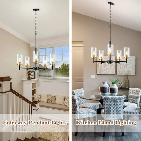Three Light Linear Kitchen Island Chandelier Rectangle Pendant Lights For Dining Room Farmhouse Hanging Lights With Glass Shades Black And Gold Finish shown in a dining room and entryway.