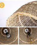 One Light Farmhouse Pendant Light In Natural Rattan And Seagrass, Hanging Ceiling Lamp interior view showing bulb and materials