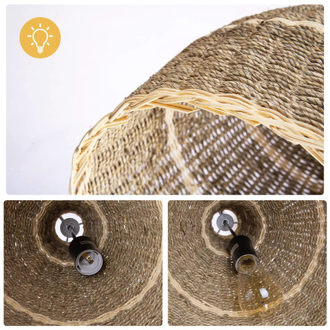 One Light Farmhouse Pendant Light In Natural Rattan And Seagrass, Hanging Ceiling Lamp interior view showing bulb and materials
