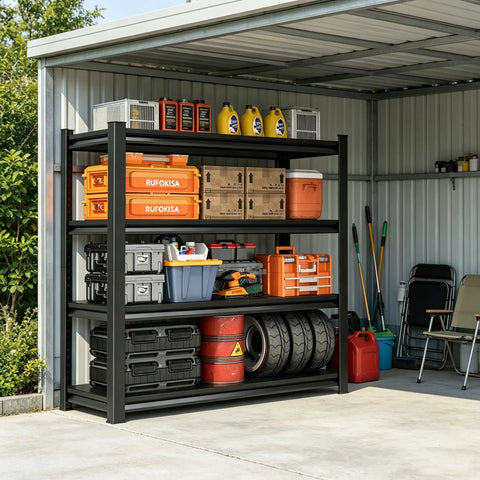 Heavy Duty 4 Tier Metal Garage Shelving Unit 54 Inch High Industrial Storage Rack loaded with tools and supplies