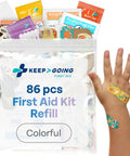KeepGoing 86-pc First Aid Kit Refill, colorful kids’ supplies in a clear zip bag; bandage on a child’s hand