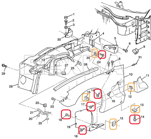 Diagram of 15 Sets Fender Liner Bumper Cover Splash Shield Wheelhouse Liner Bolt Screw U Nuts Kit for GM cars.