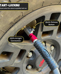 Lightning S2 Quick Connect Tire Air Chuck 1 Quarter Inch F-NPT Closed Flow Self Locking Nozzle Delivers Fast, Leak Free Valve Attachments for Schrader Valves, Heavy Duty Automotive Tire Maintenance Tool in action on tire.