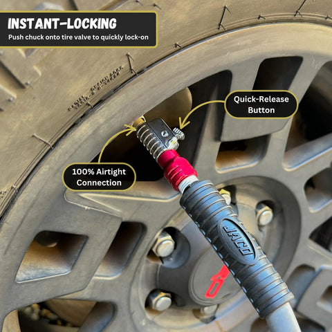 Lightning S2 Quick Connect Tire Air Chuck 1 Quarter Inch F-NPT Closed Flow Self Locking Nozzle Delivers Fast, Leak Free Valve Attachments for Schrader Valves, Heavy Duty Automotive Tire Maintenance Tool in action on tire.