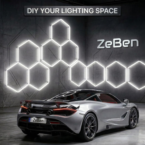 Hexagon LED Garage Lights 210W 25200LM 35 Pack Ultra Bright Ceiling Panels For Garage Workshop Gym Car Detailing Barber Auto Shops 6500K Daylight CRI Over 85 True Color Illumination installed on wall behind silver sports car