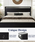 Built Like A Tank Queen Size Bed Frame Featuring Heavy Duty Steel Slats Black Oak Rustic Headboard Footboard in stylish bedroom setting.