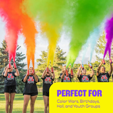 Next Level Party Color Blasters Fire Extinguisher Style Powder Cannon For Gender Reveals And Holi Bash Squeeze Handle Trigger With Viral Smoke Bomb Effect Two Pack Of Neon Green Blast used at an outdoor celebration with vibrant powder.