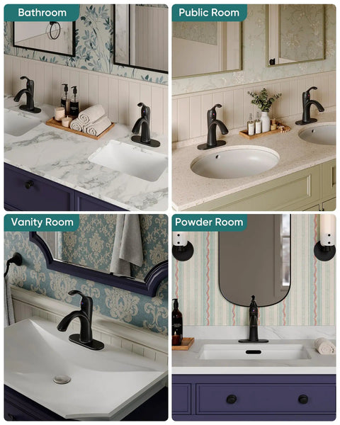 Oil Rubbed Bronze One Hole Bathroom Faucet With One Handle Lever in four different bathroom styles and sink configurations.