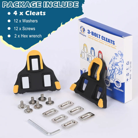 Road Bike Cleat Set With 6 Degree Float, Clipless Pedal Compatible, includes cleats, screws, washers, and wrenches in package