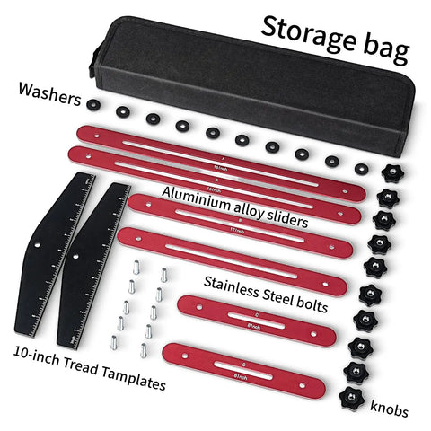Built Like A Tank Stair Tread Jig And Adjustable Template Locking Bars For Tighter Fittings, accessories including aluminum sliders and storage bag.
