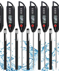 Six Pack Waterproof Digital Food Thermometers With Long Probes, Instant Read, Black, shown with protective caps and water splash.