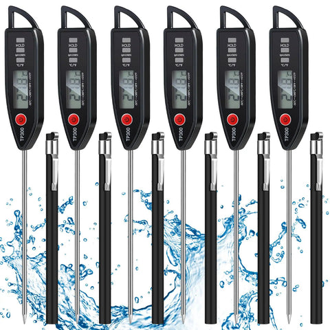 Six Pack Waterproof Digital Food Thermometers With Long Probes, Instant Read, Black, shown with protective caps and water splash.