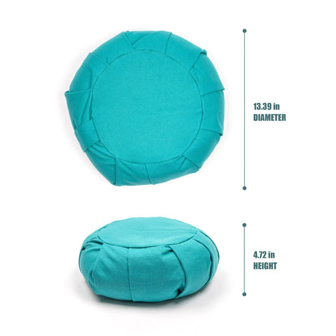 Zafu Yoga Meditation Cushion With Washable Cover And Buckwheat Filling Soft Round Cotton Floor Pillow For Meditation Pranayama And Stress Relief Turquoise Color Cozy Ergonomic Vibe For Home Studio Or Yoga Room. 13.39 in diameter, 4.72 in height