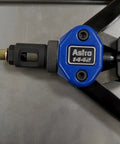 Close-up of the 13-Inch Nut And Thread Hand Riveter Kit With Toolless Quick-Change Head Spring Loaded Inner Hex Sleeve in blue and black.