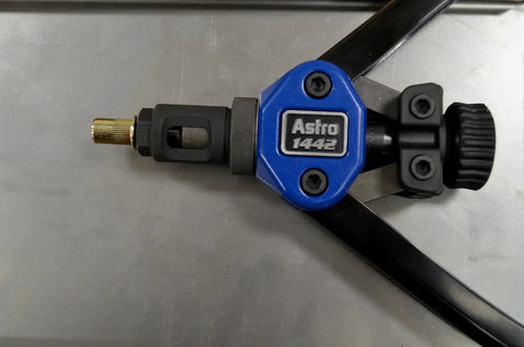 Close-up of the 13-Inch Nut And Thread Hand Riveter Kit With Toolless Quick-Change Head Spring Loaded Inner Hex Sleeve in blue and black.
