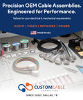 Precision OEM cable assemblies on a table; various color-coded, USA made in Dallas, TX.
