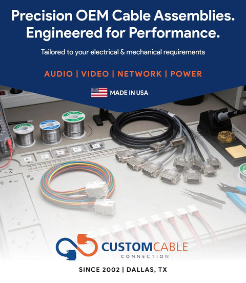 Precision OEM cable assemblies with connectors and wire spools on workbench for audio, video, network, power. Made in USA.