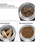 7.5 Inch Smokeless Tabletop Fire Pit showing dual fuel options: wood, particles, and firestarters in 304 stainless steel.