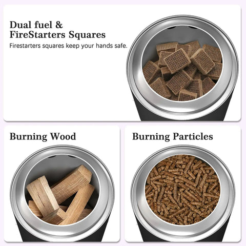 7.5 Inch Smokeless Tabletop Fire Pit showing dual fuel options: wood, particles, and firestarters in 304 stainless steel.