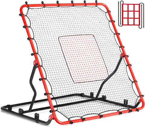 Game Ready Pitch Back Rebounder Net For Baseball And Softball With 3 Adjustable Angles 4x4.5Ft, red frame, black steel base