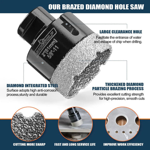 Diamond Hole Saw Kit 13 Piece Set For Ceramic Porcelain And Granite With 25mm Hole, features and benefits shown