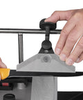 Wide Centering Knife Jig for Long Flexible Blades with 5.5 Inch Clamp and Extra Tall Knife Stop in use on sharpening system.