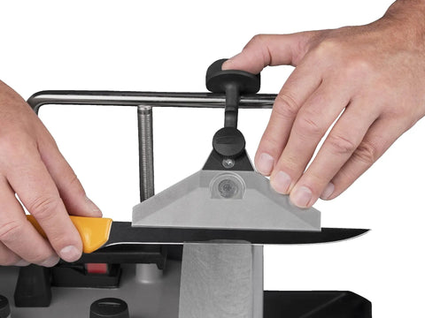 Wide Centering Knife Jig for Long Flexible Blades with 5.5 Inch Clamp and Extra Tall Knife Stop in use on sharpening system.